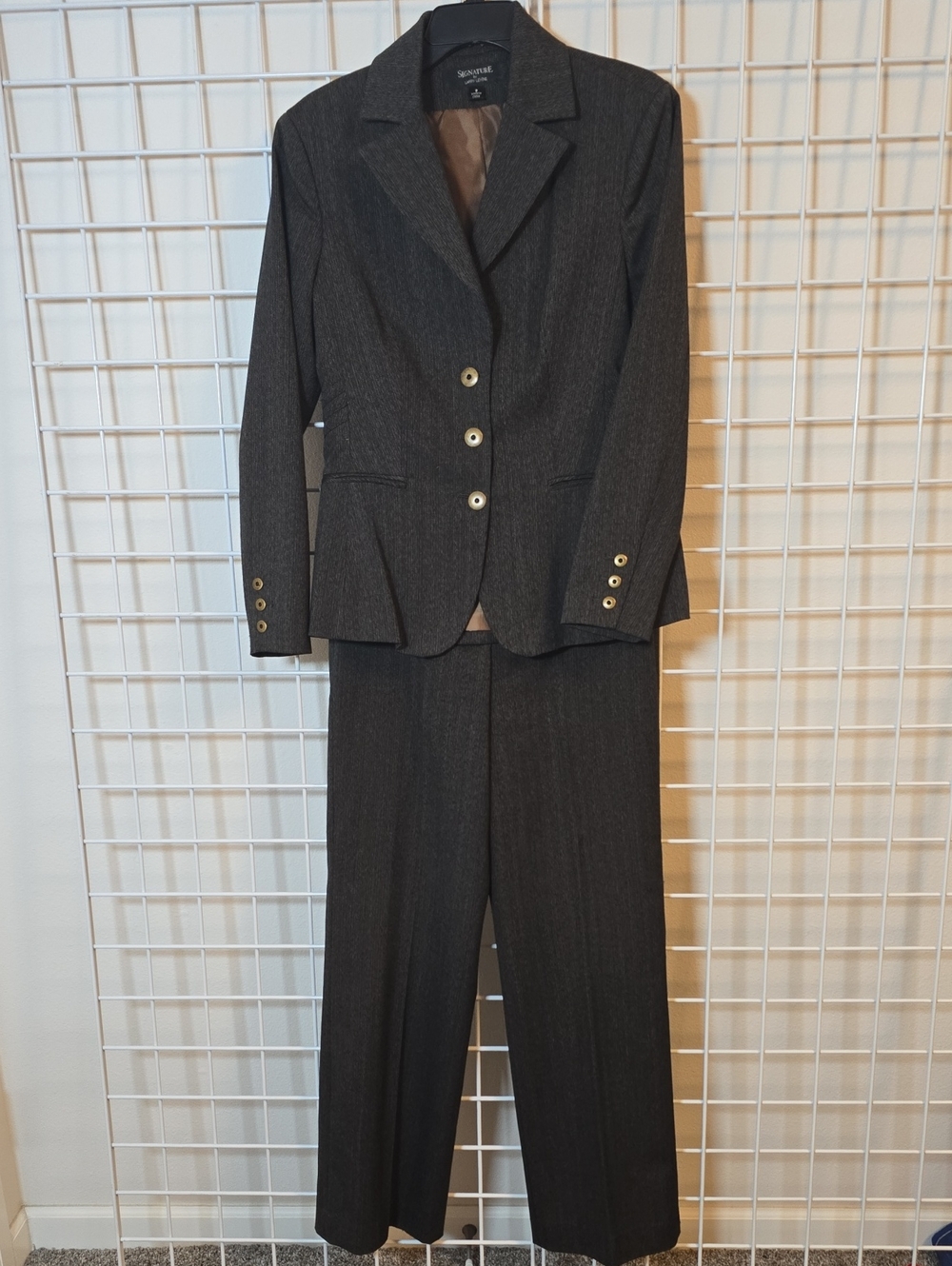 Signature By Larry Levine Brown & Charcoal Pinstripe Women's Pants Suit Size 8